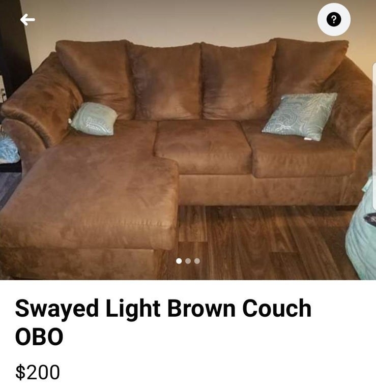 Marketplace ad reading, &quot;Swayed light brown couch&quot;