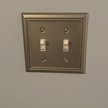 a reviewer photo of a dual toggle metallic switchplate 