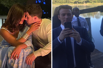 Priyanka Chopra and Nick Jonas side by side Chris Evans on set on his phone