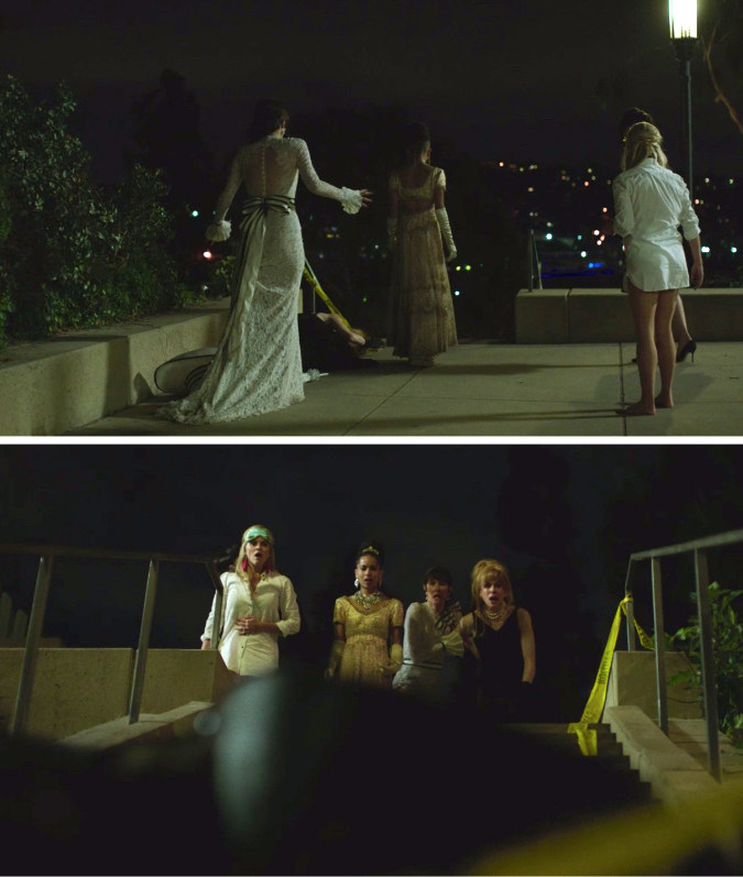 &quot;Big Little Lies&quot; characters looking over an outdoor set of stairs at a body