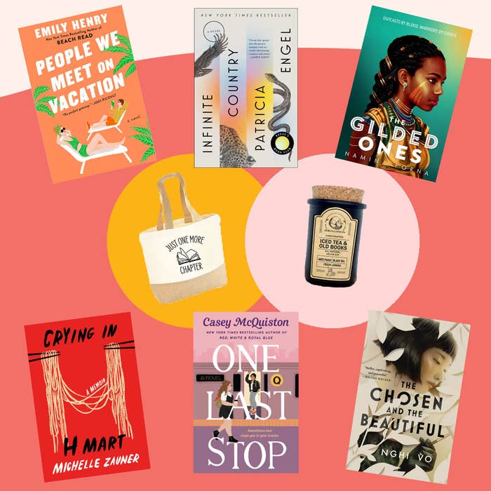The prizes: people we meet on vacation, infinite country, the gilded ones, crying in h mart, one last stop, the chosen and the beautiful, a tote bag that reads "just one more chapter with a book icon," and a candle scented with iced tea and books