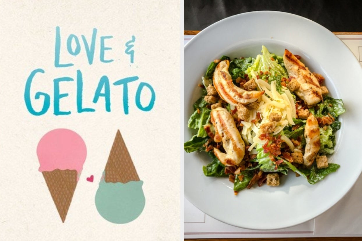 Book cover for &quot;Love &amp; Gelato&quot; and chicken caesar salad 