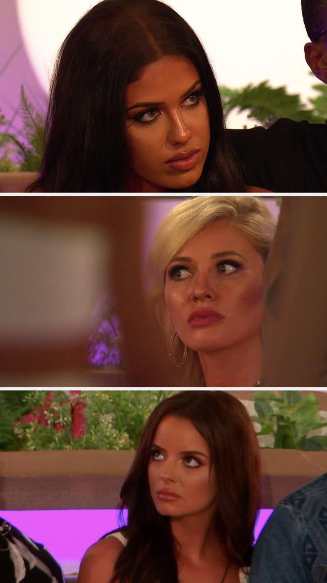 Anna, Amy, and Maura from &quot;Love Island UK&quot; series 5 looking worried and angry