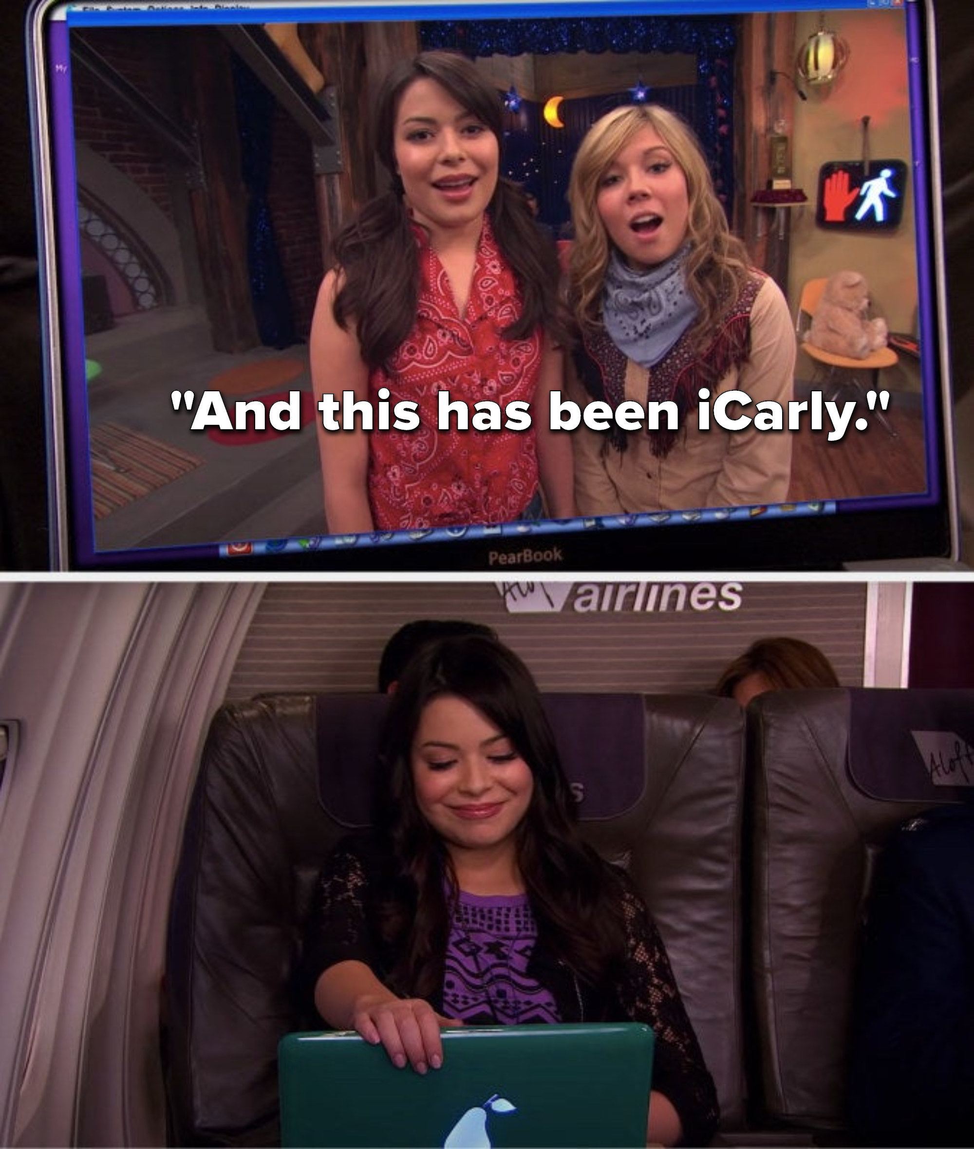 On a webcast, Carly and Sam say, &quot;And this has been iCarly&quot; and Carly closes the computer while she watches this later