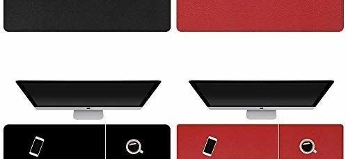 Two images of the waterproof desk pad in red and black with multiple devices and a coffee mug on it.