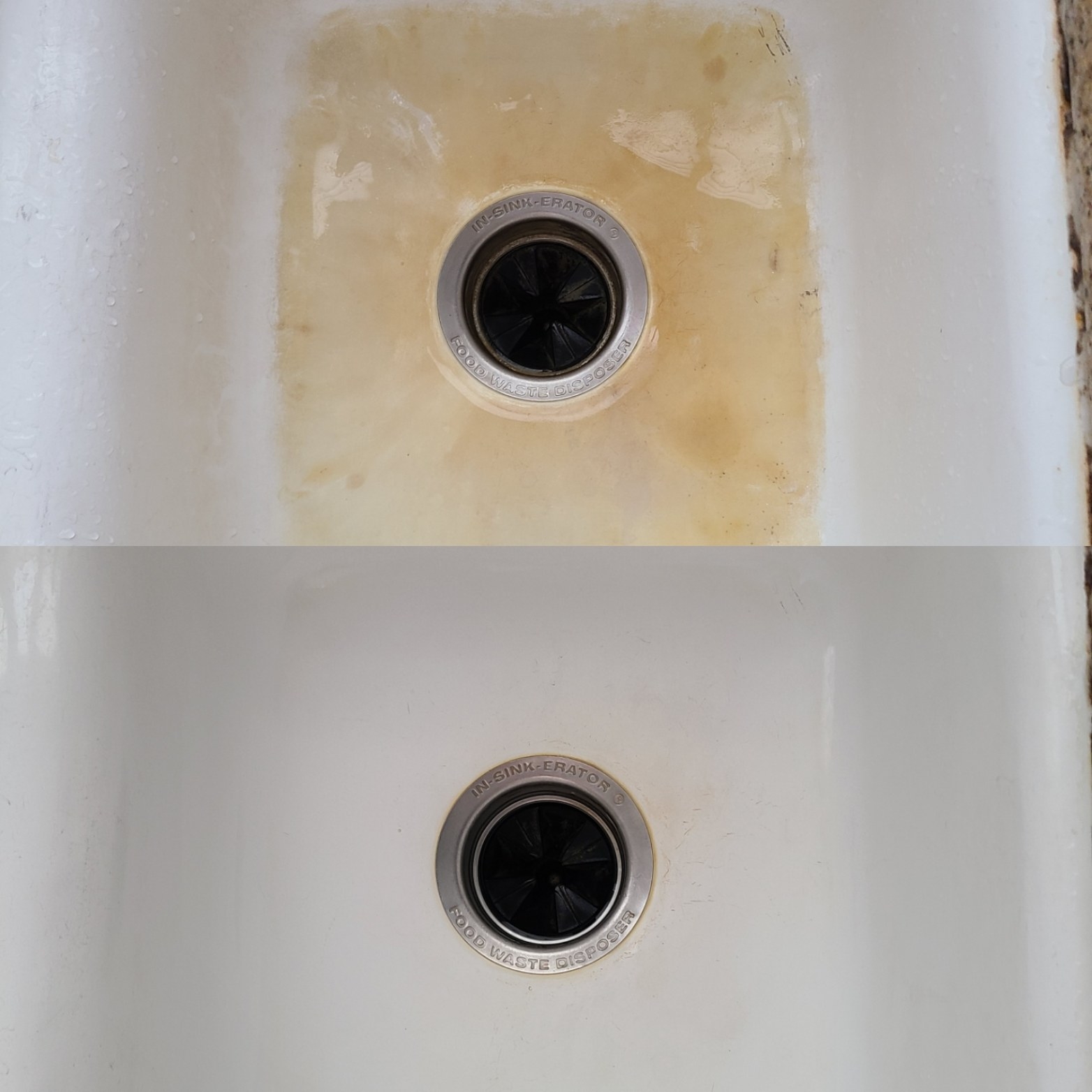 A reviewer&#x27;s porcelain sink before/after a large rusty stain is removed