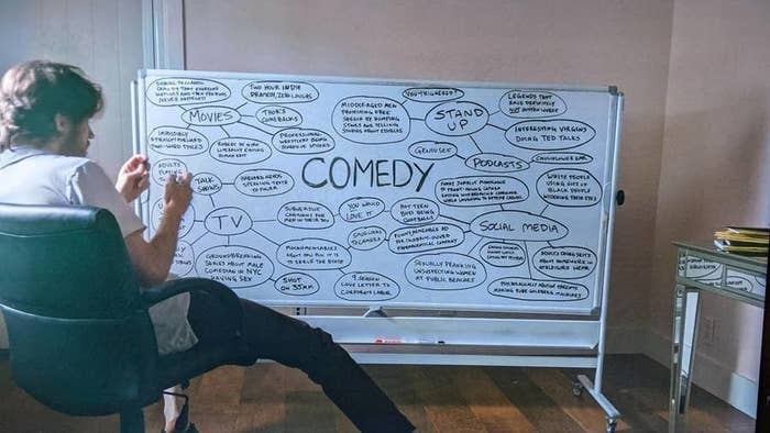 Bo sits in front of a whiteboard with comedy written in the middle and bubbles with words like "TV," "social media," "stand up," and "podcasts" branching off into other subcategories