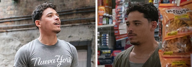 Usnavi in Nueva York t shirt and jeans dancing above neighborhood friends split with Sonny and Usnavi behind the counter at the bodega
