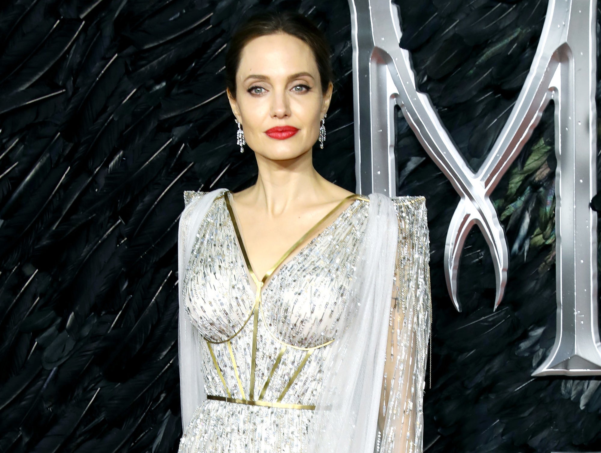 Angelina looks serious while posing in a silver dress with sheer sleeves