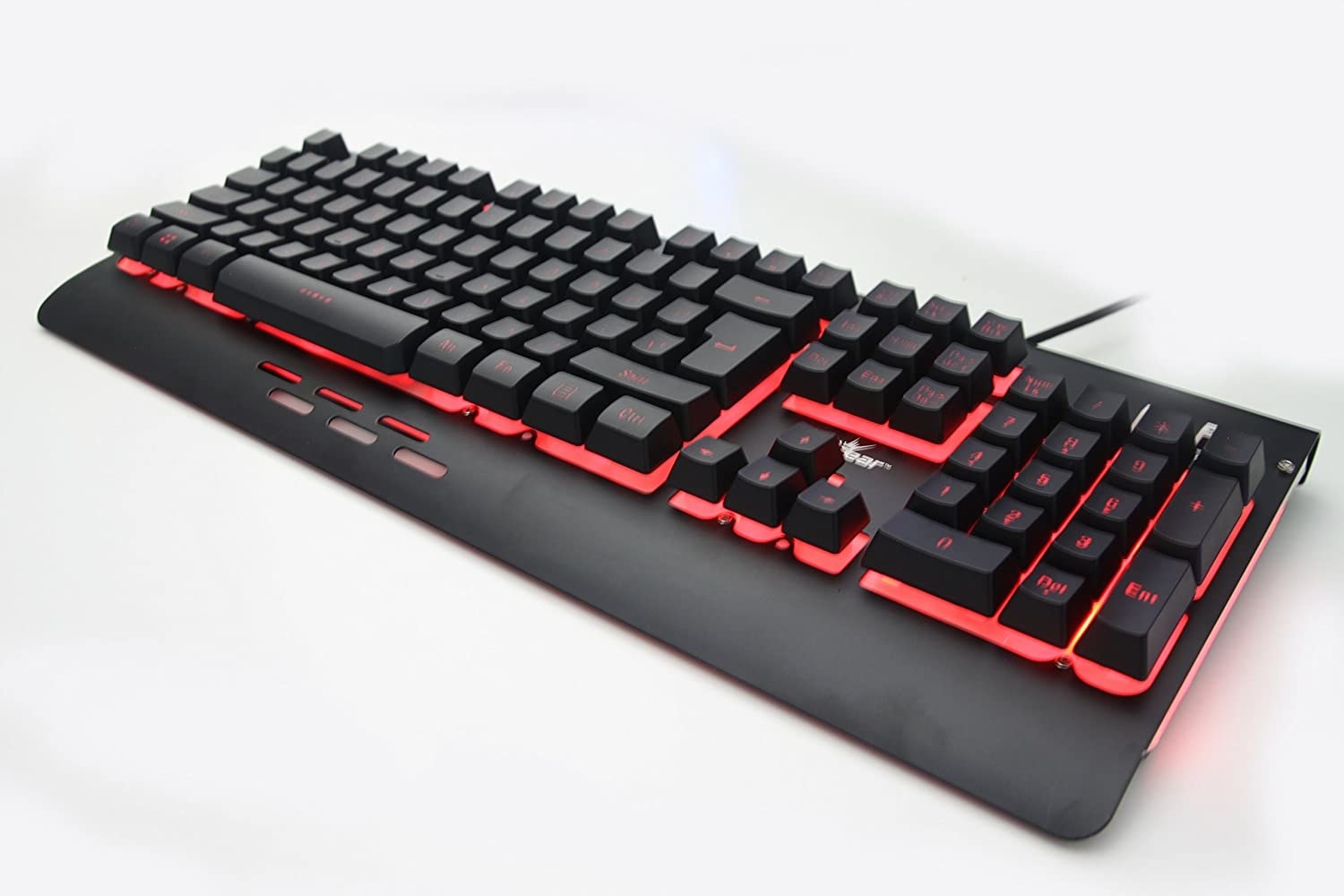 A black keyboard with red backlighting.