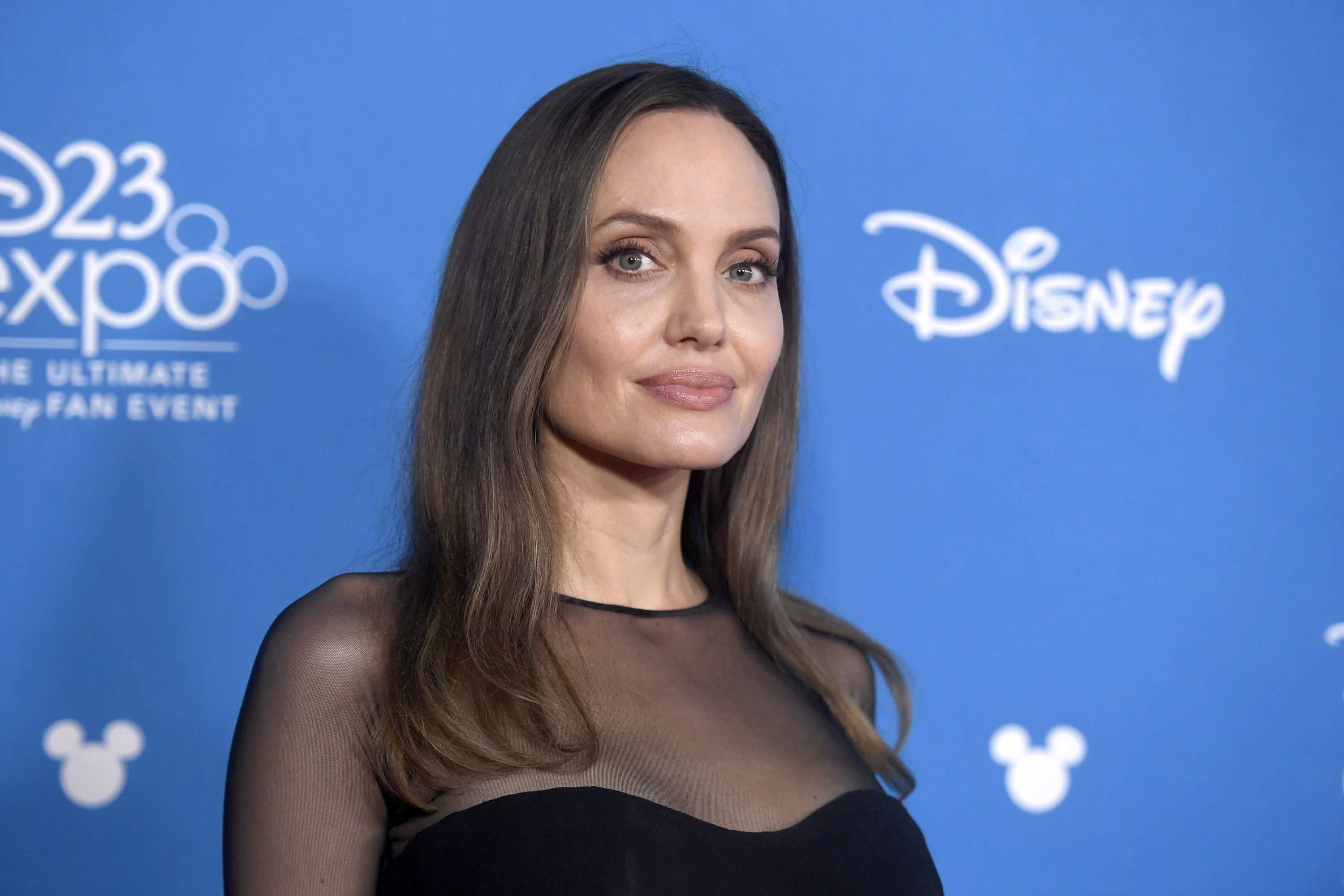 Angelina looks at the camera while wearing a black sheer top