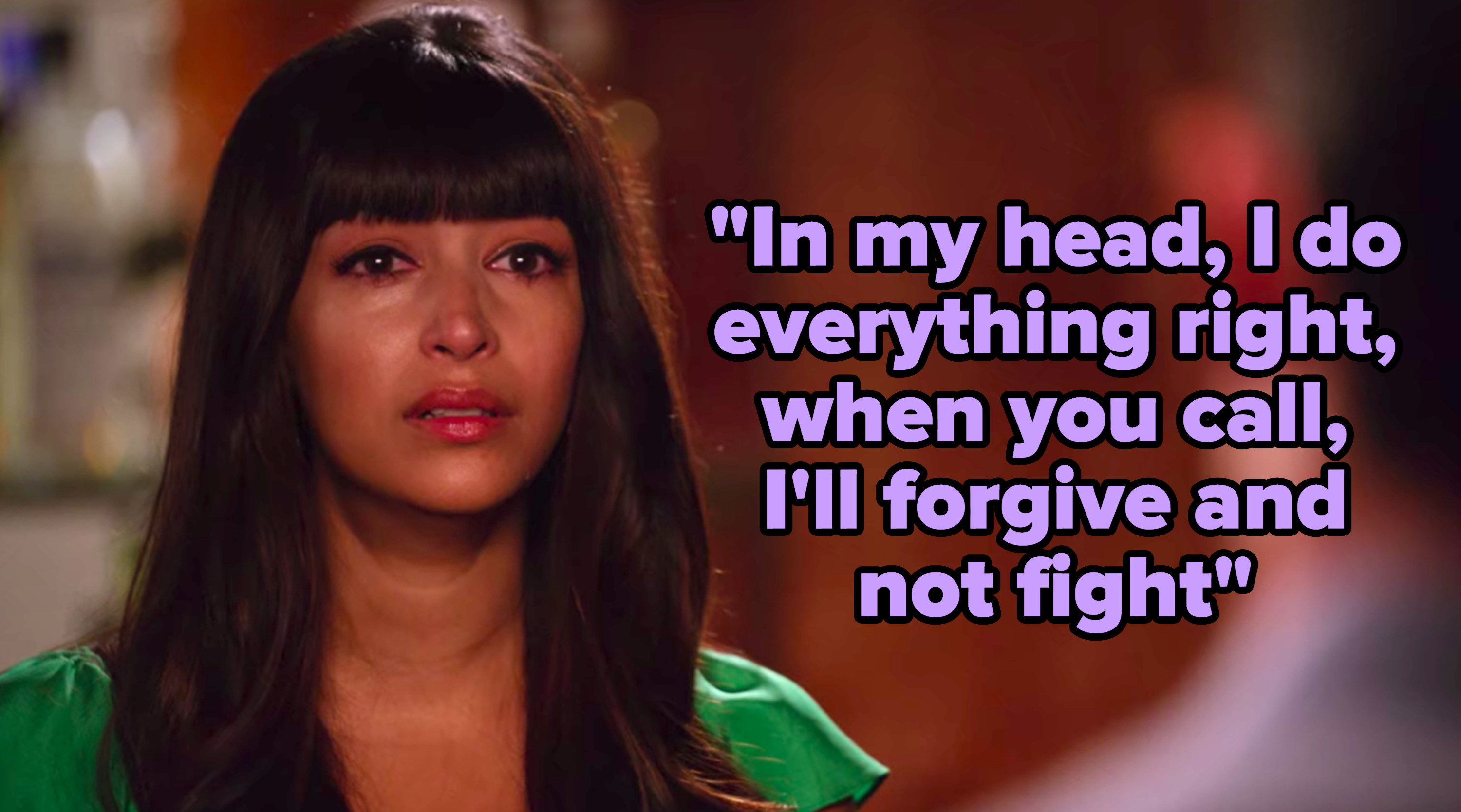 &quot;In my head, I do everything right, when you call, I&#x27;ll forgive and not fight&quot; written over Cece from &quot;New Girl&quot; crying