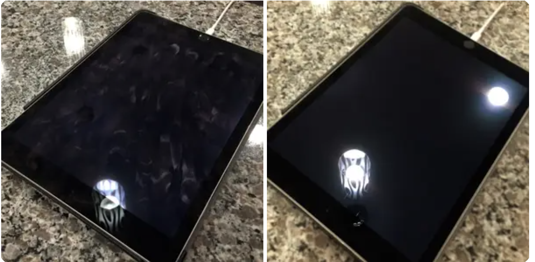 A reviewer&#x27;s smudged ipad before and after cleaning to show it completely shiny after