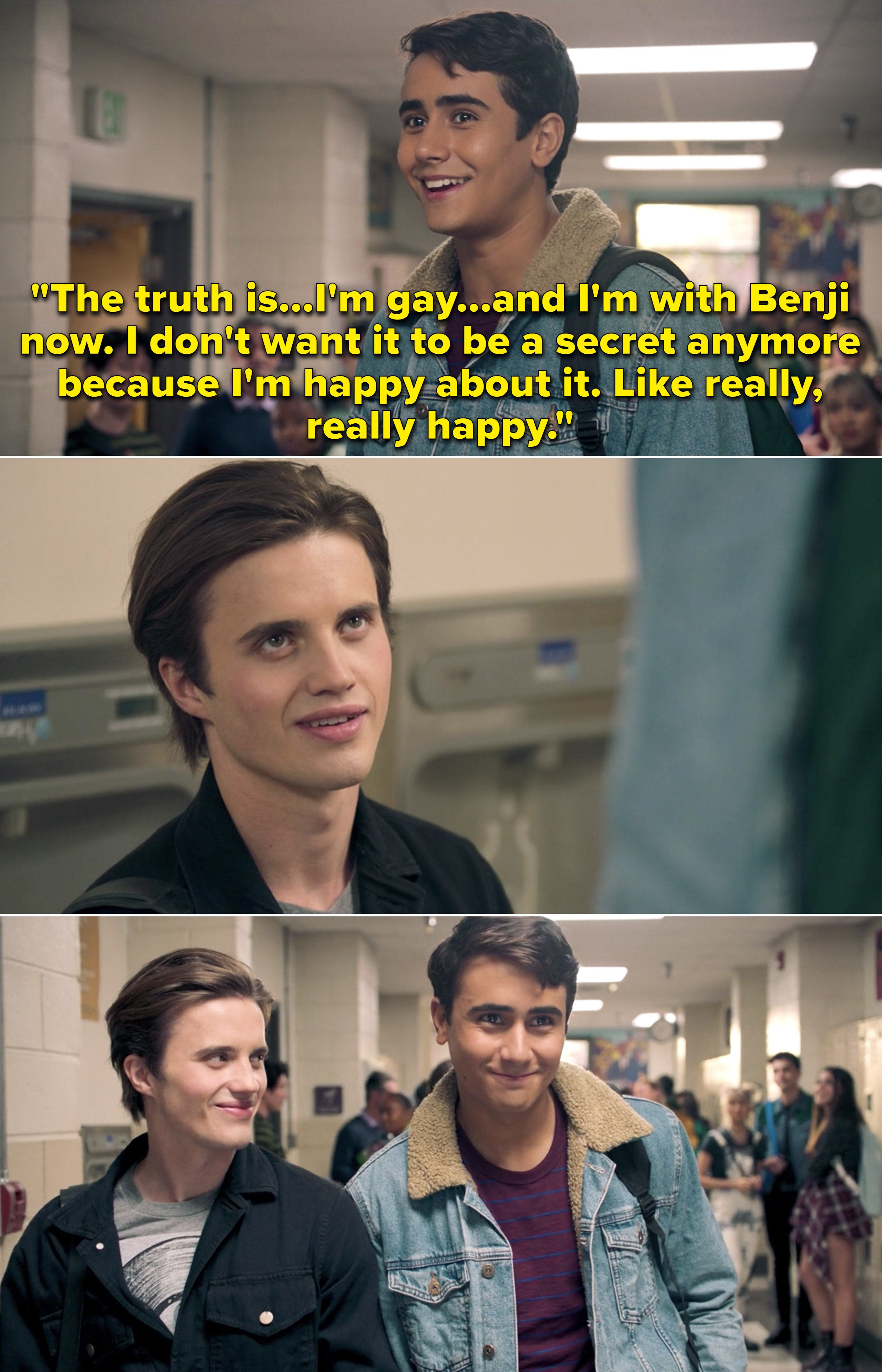 Victor telling everyone in the hallway, &quot;The truth is I&#x27;m gay, and I&#x27;m with Benji now&quot; and that he&#x27;s really happy