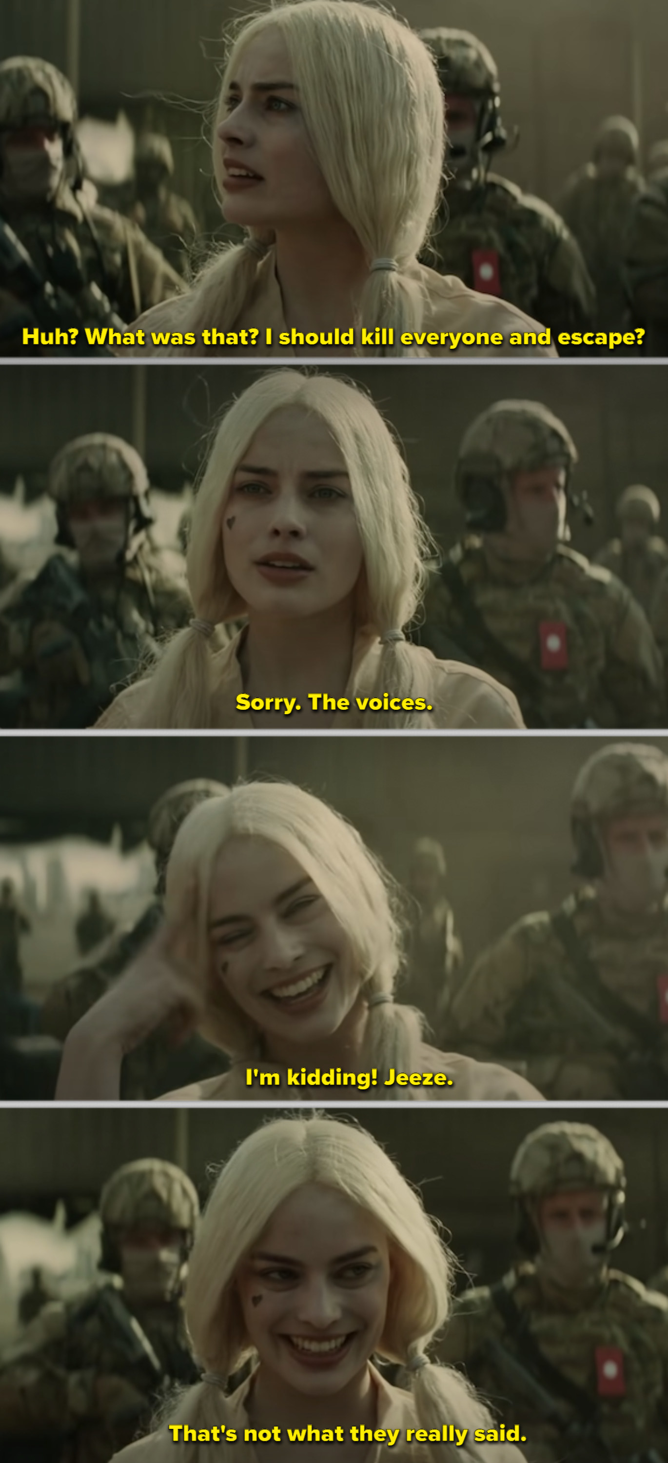 Harley Quinn talking to the soldiers