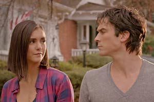 Elena and Damon staring into each other's eyes