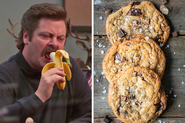 On the left, Ron Swanson eating a banana, and on the right, some chocolate chip cookies topped with flaky sea salt