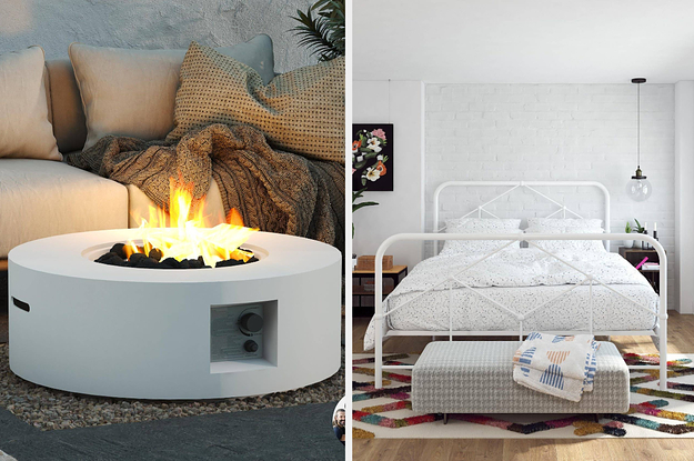 A split photo of an outdoor fire pit and a white metal bed