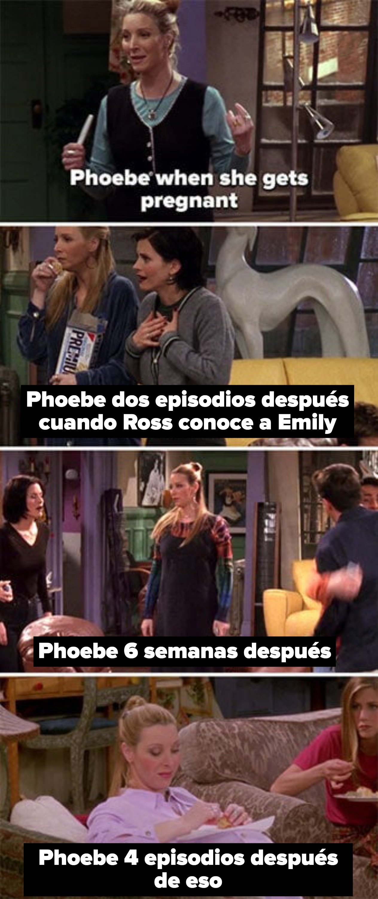 Phoebe queda embarazada, luego se ve súper embarazada 6 semanas después, e incluso más embarazada solo unos pocos episodios después de eso.