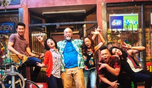 The cast of 'Kim's Convenience' make silly faces and poses for the camera
