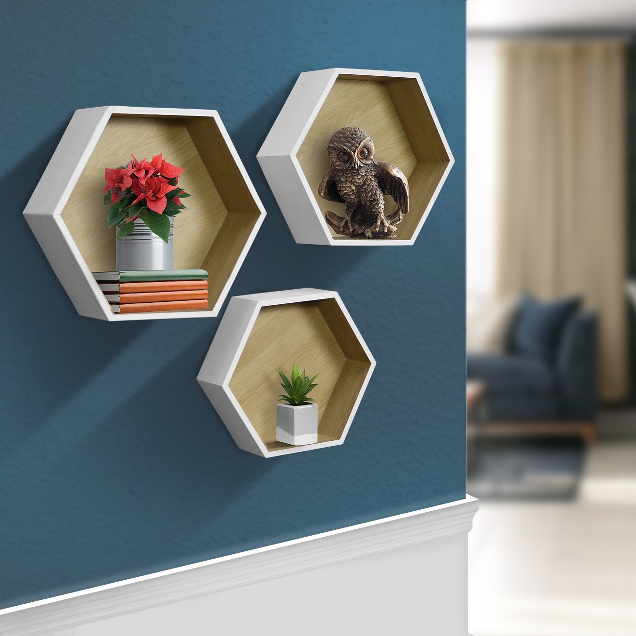 The hexagon-shaped shelves hanging on a wall