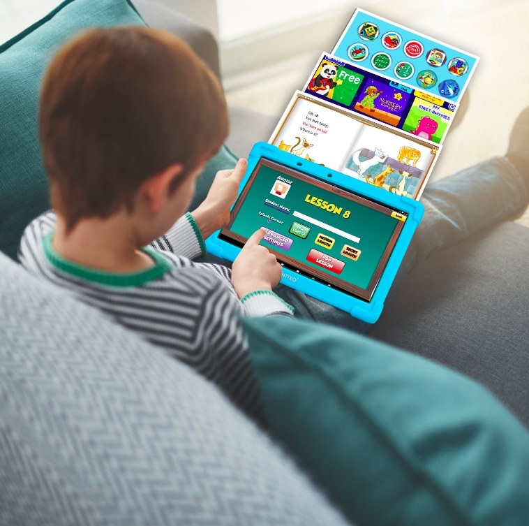Child playing an educational game on the tablet