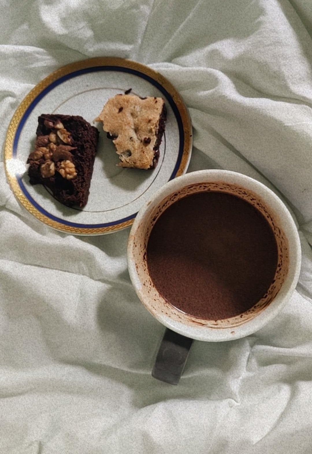 A mug of hot chocolate and plate of brownies.