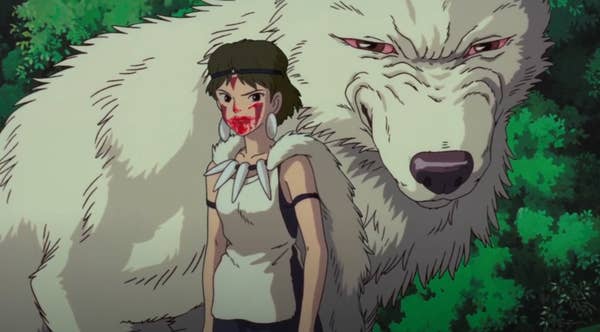 A girl dressed in white with blood smeared around and on her mouth. An angry wolf standing behind her stares at us