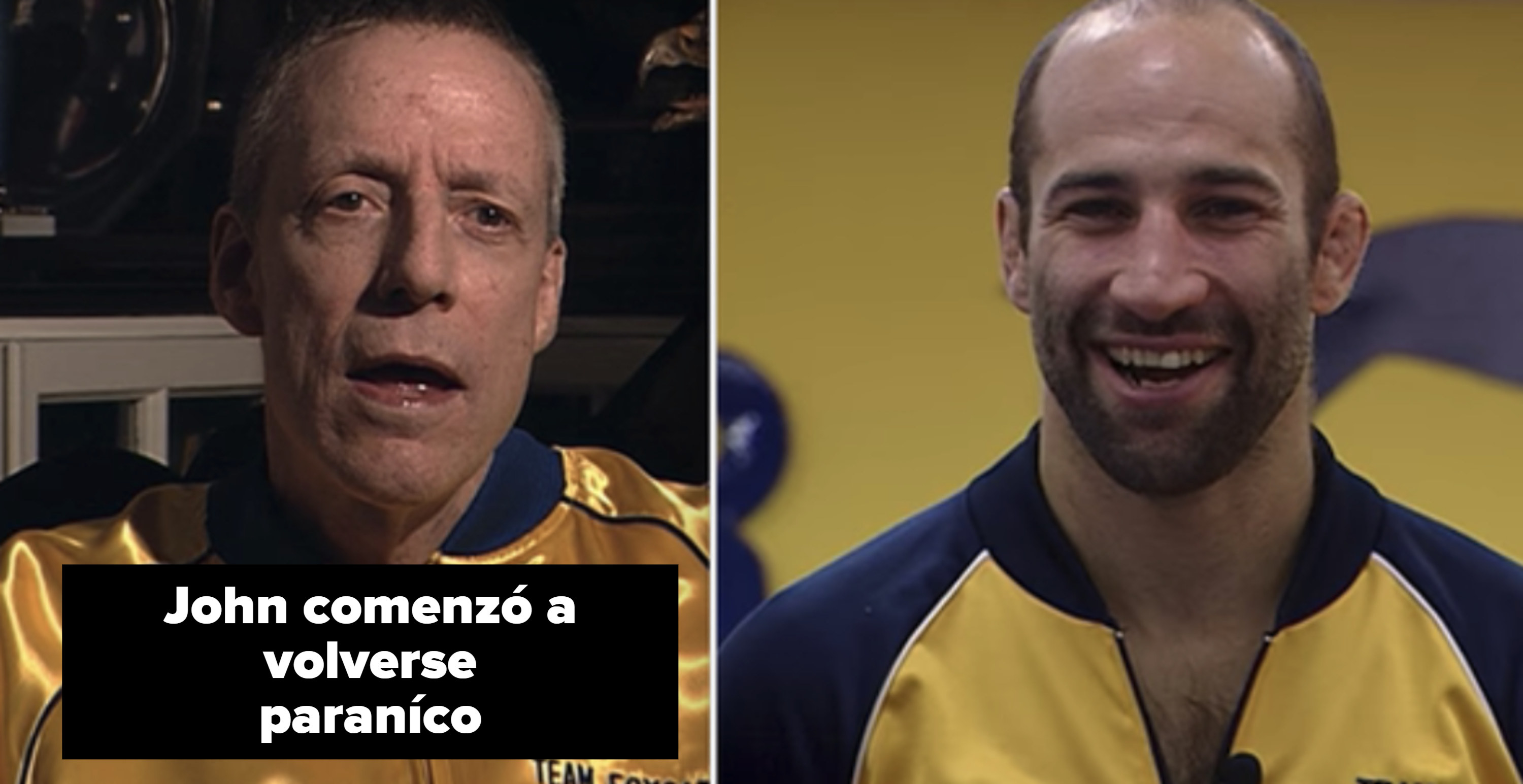 Side-by-side of John du Pont and Dave Schultz in their wrestling team jackets