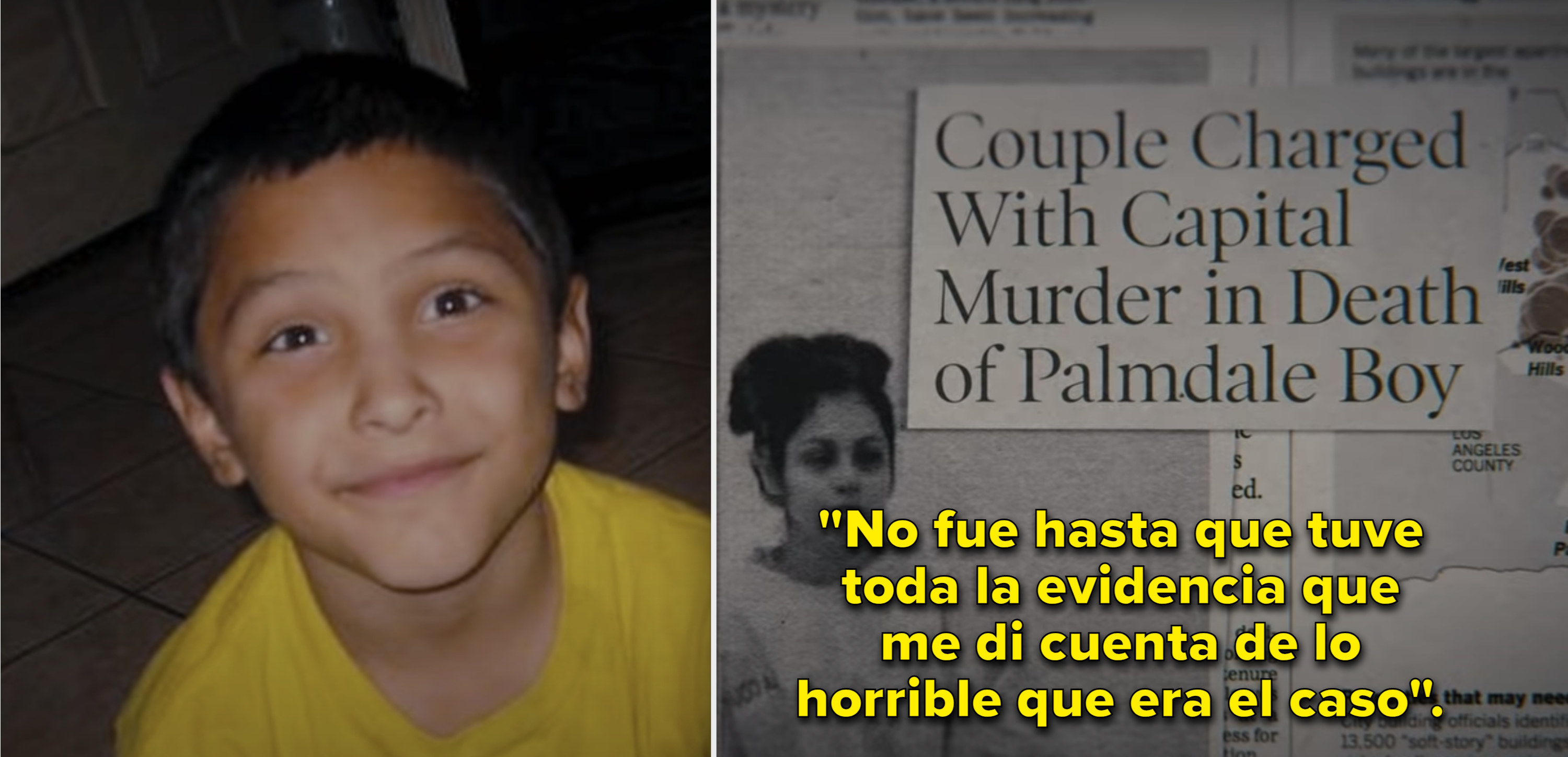 A photo of Gabriel Fernandez as a child, then a newspaper clipping with the headline about his parents murdering him