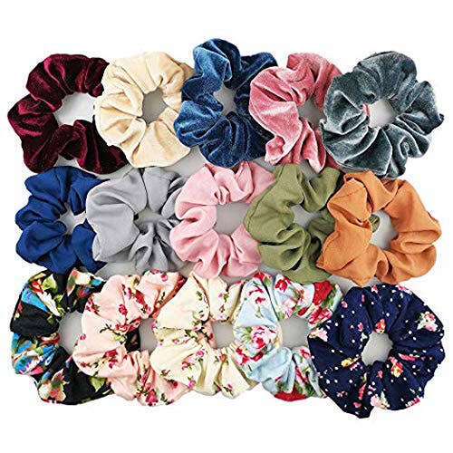 Scrunchies in different colours and floral prints.