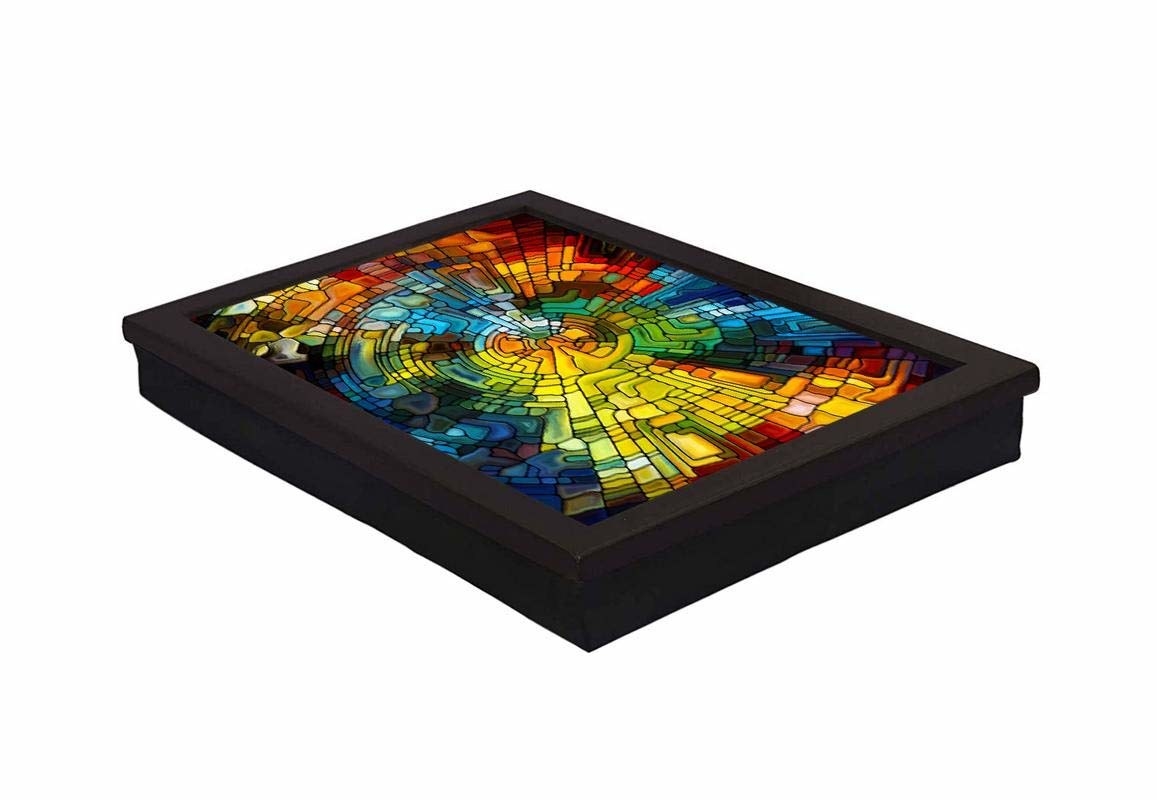 A lap table with a colourful mosaic design.