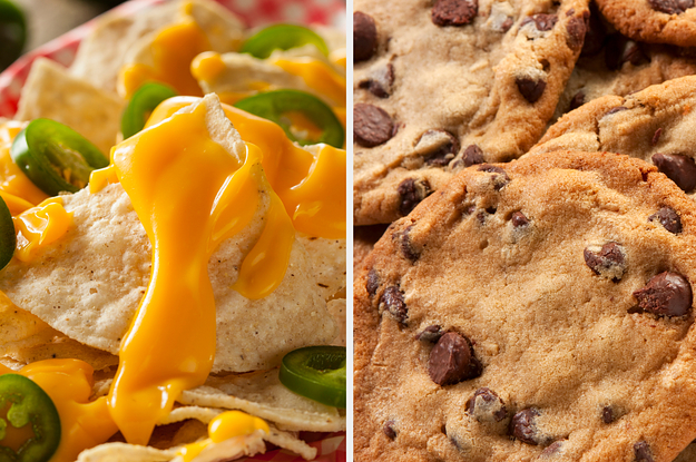 Nachos oozing with cheese; chocolate chip cookies
