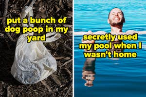 Someone'e neighbor left a bunch of dog poop in their yard and swam in their pool