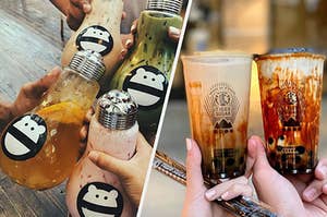 A variety of boba drinks, on the left features fruity and milk tea boba in a glass jar shaped like a lightbulb, on the right features two milk tea boba drinks with brown sugar