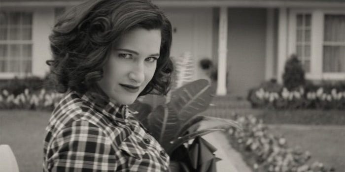 Agatha Harkness (portrayed by Kathryn Hahn) is shot in black-and-white, &#x27;50s television style, staring directly into the camera