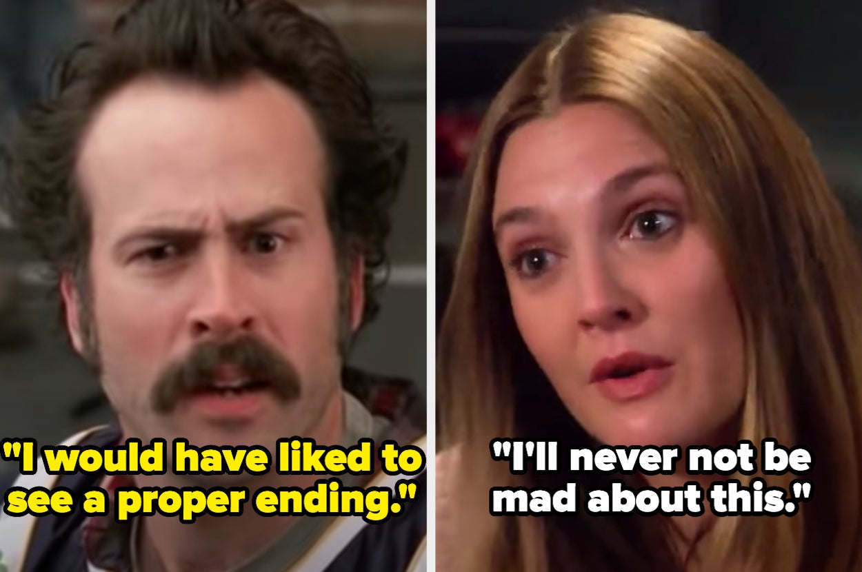 Jason Lee in "My Name Is Earl" with the caption: "I would have liked to see a proper ending" next to Drew Barrymore in "Santa Clarita Diet" with the caption: "I'll never not be mad about this"