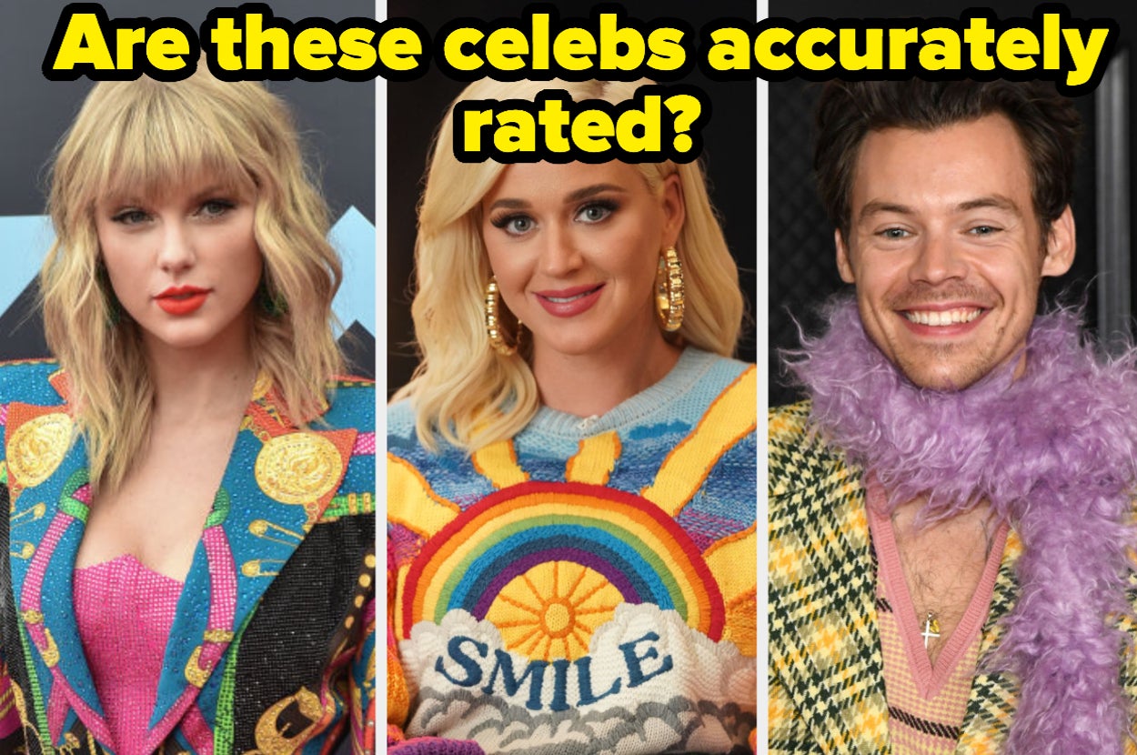 Taylor Swift is on the left with Katy Perry in the center and Harry Styles on the right labeled, "Are these celebs accurately rated?"