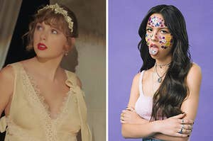 On the left, Taylor Swift in the "Willow" music video, and on the right, Olivia Rodrigo with stickers all over her face on the "Sour" album cover
