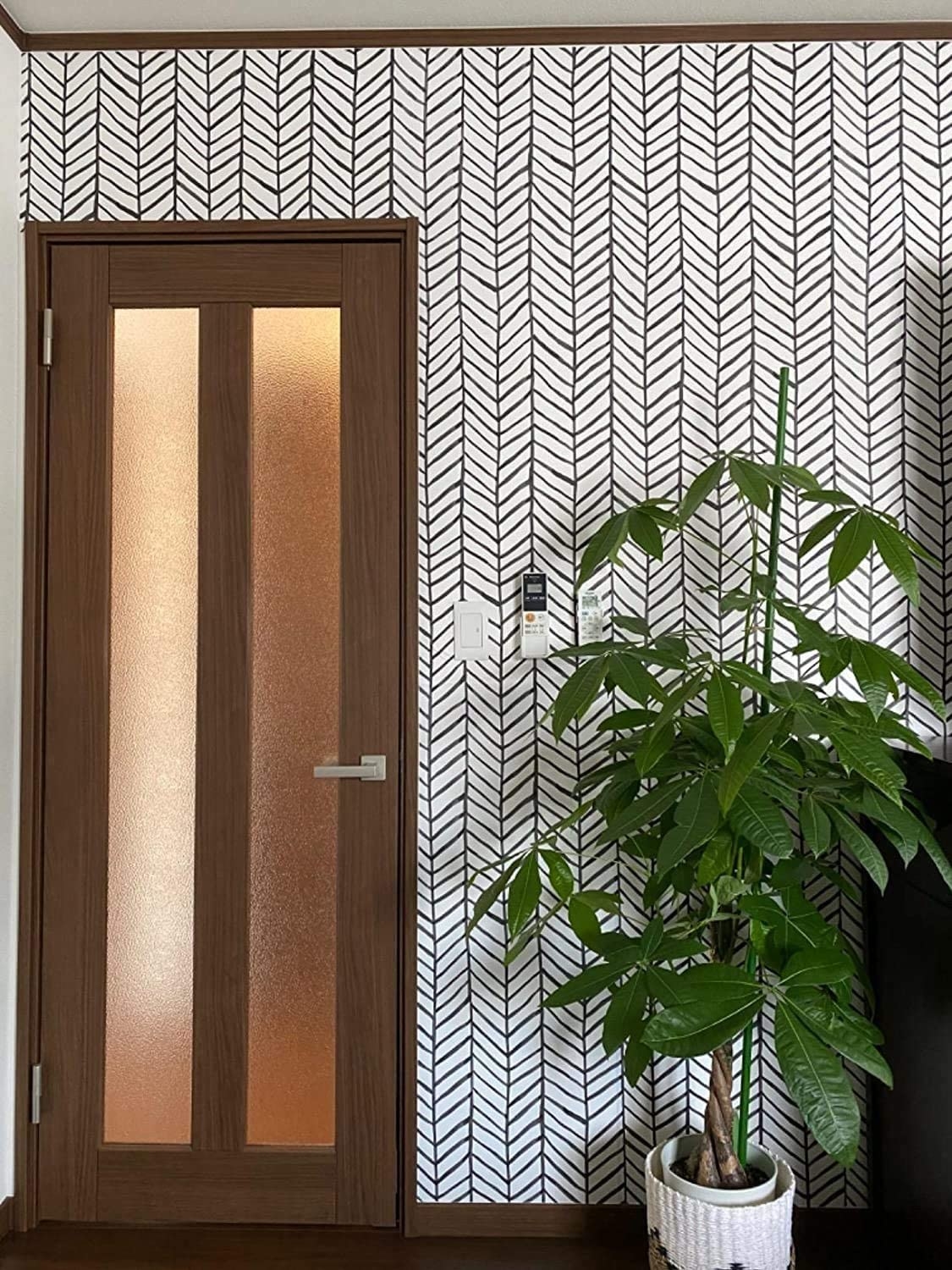 The line-patterned wallpaper on a wall next to a door and a large plant 