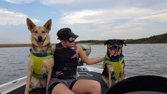 Reviewer and their two dogs wearing green life vests on a boat