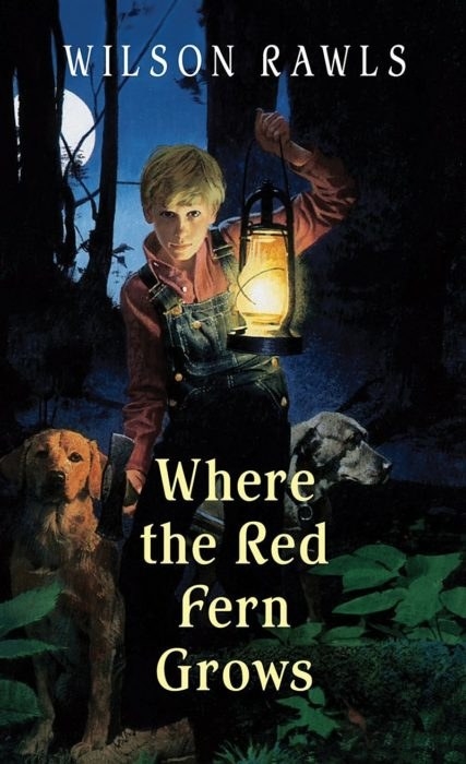 A boy holding a lantern with two dogs at his side on the cover of Where the Red Fern Grows