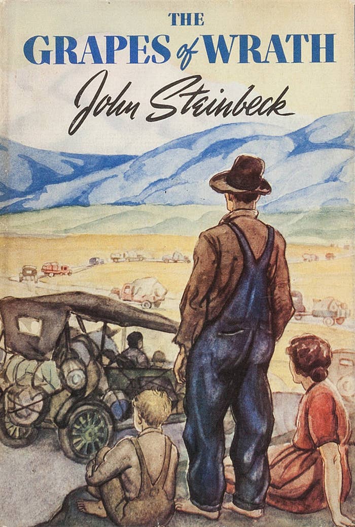 Americans traveling across the country in cars on the cover of The Grapes of Wrath