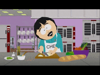 A gif of a character from South Park frantically chopping ingredients in a kitchen