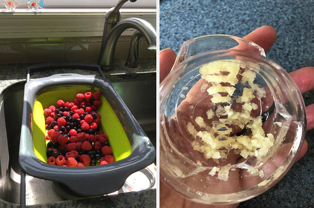 An over-the-sink strainer on the left and a jar of garlic on the right