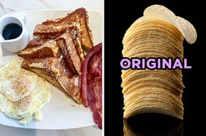 On the left, a plate, with fried eggs, bacon, French toast, and a tiny cup of syrup, and on the right, a stack of Pringles labeled "original"