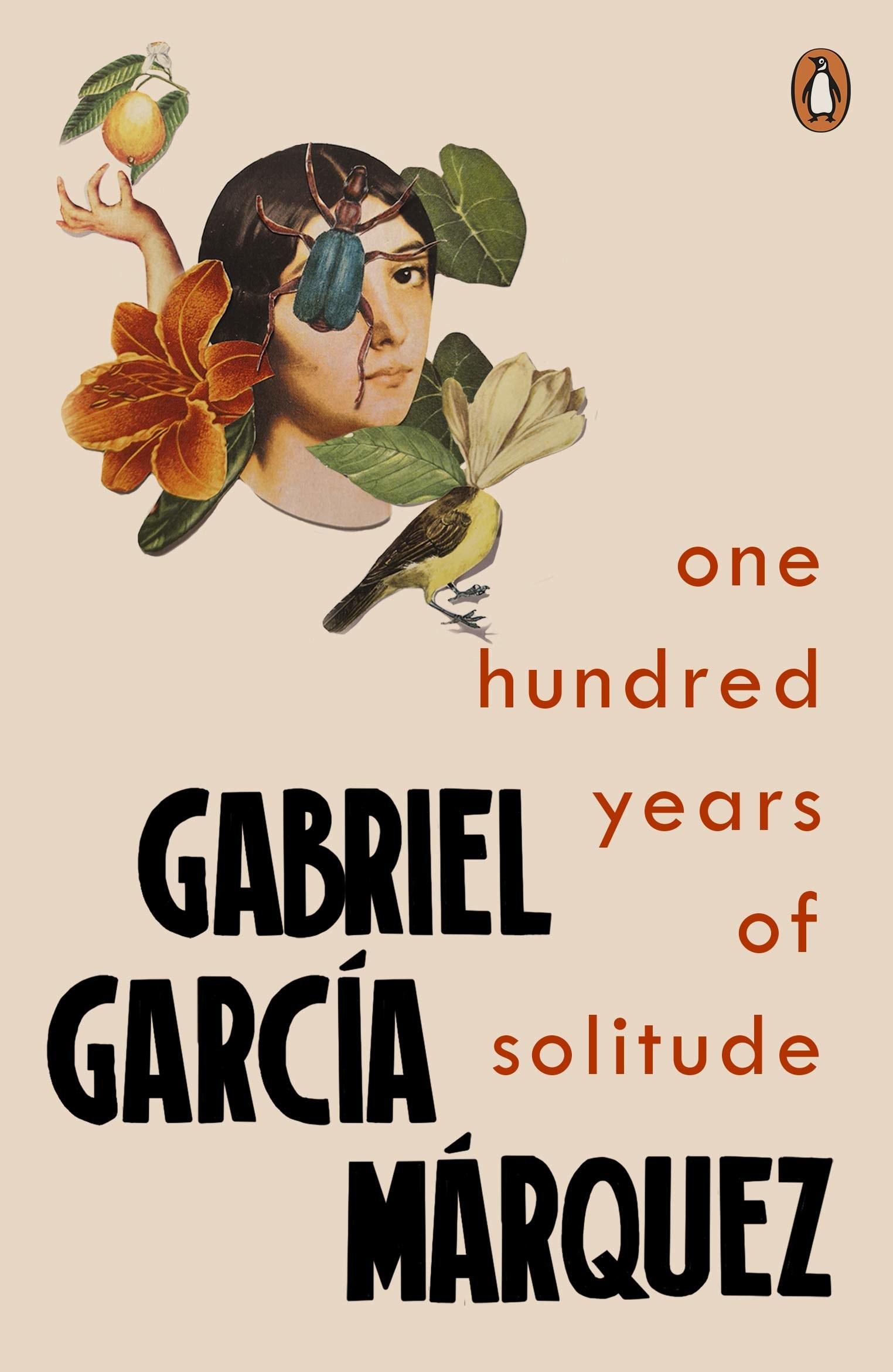 A collage with a woman, a beetle, a bird, and flowers on the cover of One Hundred Years of Solitude