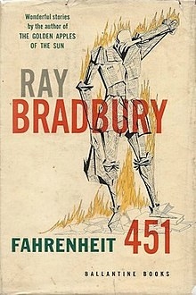 A person wrapped in newspaper set on fire on the cover of Fahrenheit 451