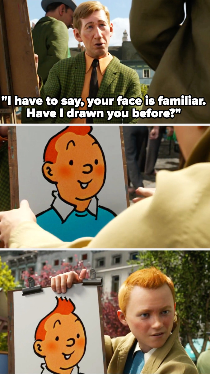 The caricature artist hands tintin his portrait