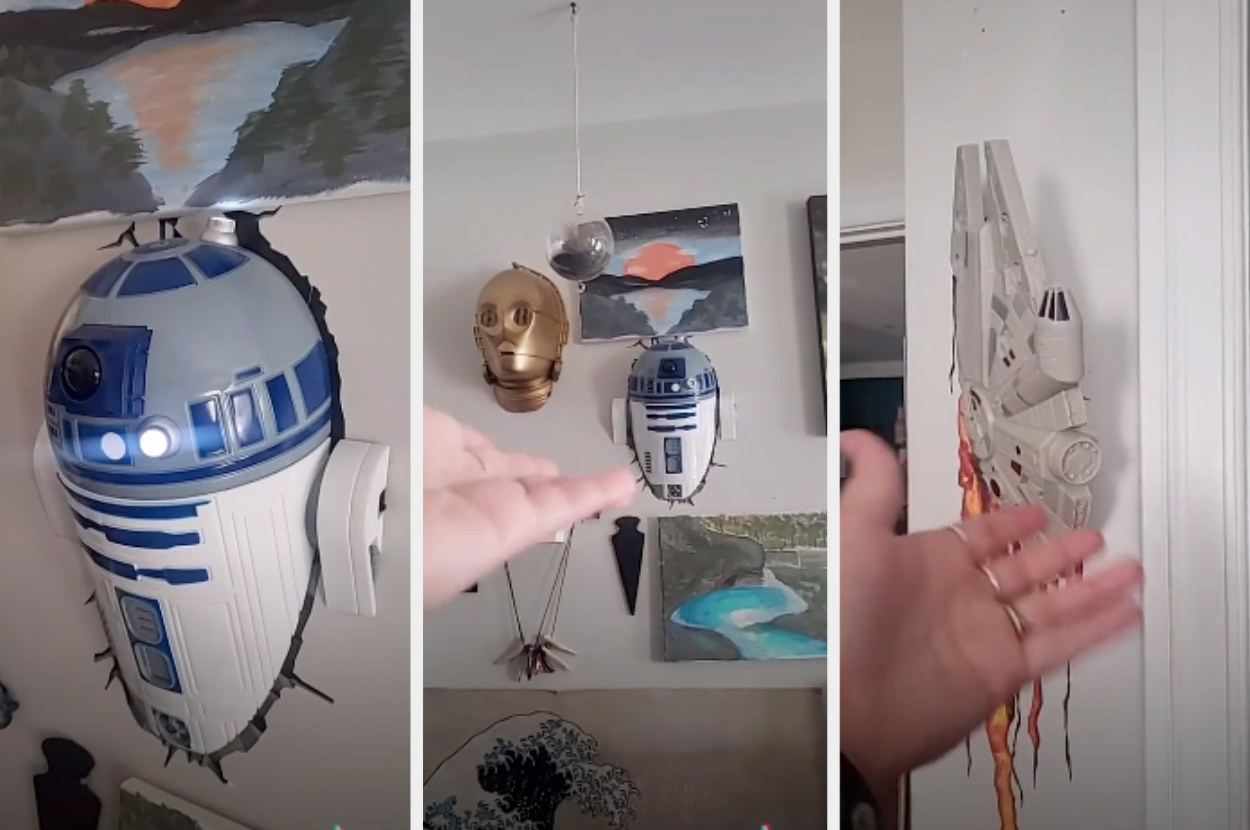Large mounted wall lights that look like R2-D2, C-3PO, and the millennium falcon coming out of the walls